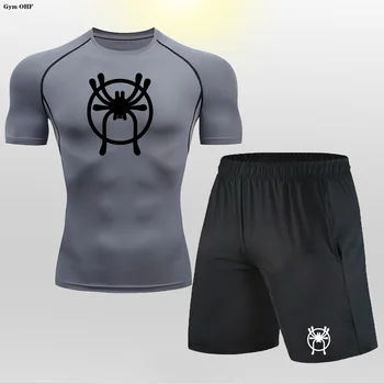 Мъжка тениска с къс ръкав, бързо съхнещи комплекти шорти за бягане, Мъжки тениска за фитнес Rashgard, костюми за залата, спортно облекло за тренировки