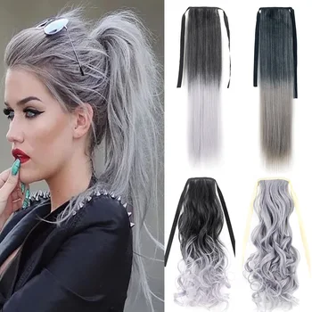 Jeedou Синтетичен сив цвят къдрава коса, обвързани в опашката на лентата, завязывающаяся във формата на конска опашка, перука за коса разширения за жени