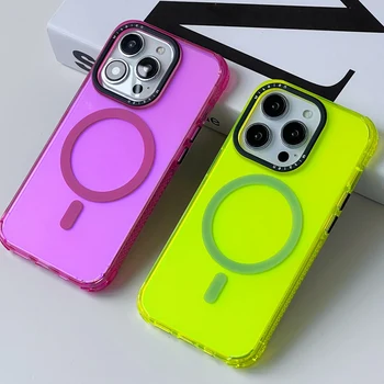 Модерен цветен Неон калъф за безжичното зареждане MagSafe за iphone 15 15Pro 13 13pro 14Pro 13pro max със защита от падане, матиран защитен калъф