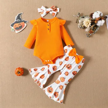 Детски костюм за Хелоуин 3, 6, 12, 24 м, Оранжев гащеризон + разкроена панталони с формата на Тиква, Комплекти дрехи за Партита, първият Ми детски костюм за Хелоуин За момичета