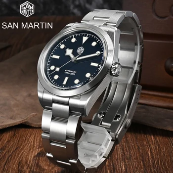 San Martin Реколта 38 мм Мъжки спортни часовници С Емайл циферблат във формата на Снежинки NH35 Луксозни Механични Сапфировые на Часовника от неръждаема Стомана 100 м BGW-9