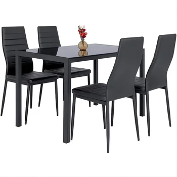 Трапезна маса от закалено стъкло с 4 стола, комплект мебели за трапезария от 5 теми, черни столове за трапезария