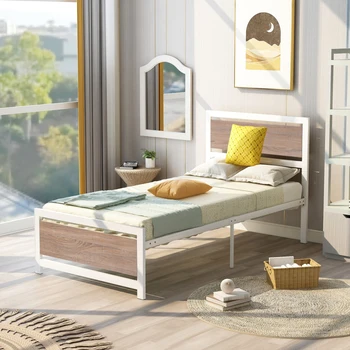 Рамка на легло от метал и дърво с таблата и изножьем, Легло-платформа двоен размер, Пружинен блок не се изисква, Лесно се монтира (бял)
