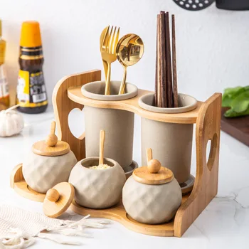 Креативен керамични набор от подправки за съхранение в ресторанта, в домашната кухня, двойна бамбукови дървени пръчици за хранене, нож и вилица, туба, буркан за подправки