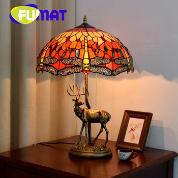 Настолна лампа от витражного стъкло FUMAT Тифани с шарките на лосове, червена подметка, стил на водни кончета, арт деко, бар, ресторант, нощна лампа за четене в спалнята