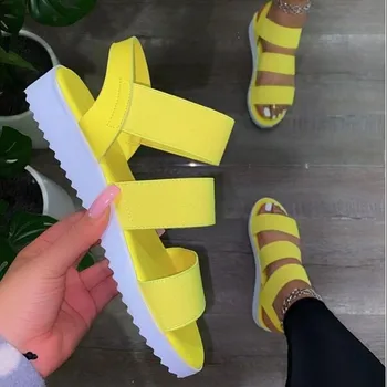 Дамски обувки 2023, нови ежедневни плажни сандали с еластична преминаването пръсти върху плоска подметка, улични чехли