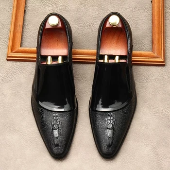 Мъжки кожени обувки ръчна изработка, Лоферы от естествена кожа, Черни, сини мъжки модел обувки, Сватбени Италиански луксозни обувки-Oxfords без закопчалка за мъже