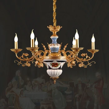 Латунная керамични полилей в европейски стил, за основната спалня, Окачена лампа в стил Църквата, Луксозна лампа от френски мед