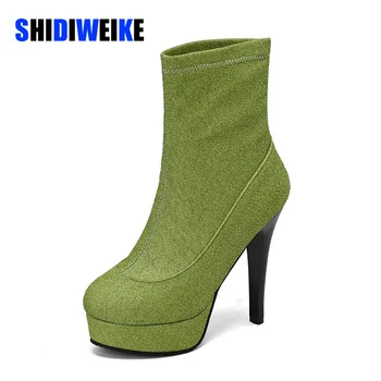 SDWK/ 12 см, Нова Мода обувки с пайети, Дамски обувки с кръгло бомбе, Обувки на висок ток, Есенно-зимни Дамски Еластични обувки AD4530