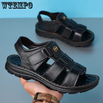 Сандали WTEMPO; Мъжки нескользящая износостойкая ежедневни обувки от естествена кожа, мъжки летни чехли за средна и напреднала възраст