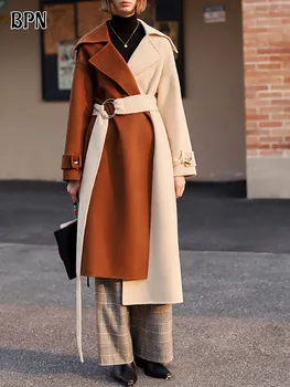 BPN Твидовое палто Хитового цвят за жени от ревера, дълъг ръкав, Асиметрична реколта ветровка в стил мозайка с колан, Дамски Модни дрехи