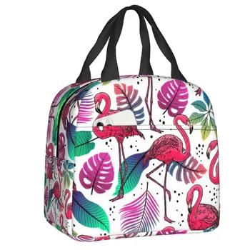 Чанта за обяд с участието на фламинго и палмови листа, термоизолированные, Дамски чанти с тропически дизайн, работа на смени чанта за обяд за пикник на открито, кутия за храна
