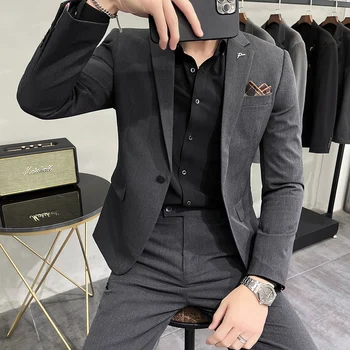 M-7XL, новост (сако + панталон, мъжка мода, бизнес английски стил, оборудвана Корейски случайни джентълменско сватбен костюм, 2 броя