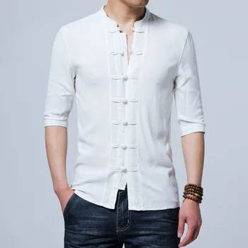 Традиционната китайска облекло за мъже, блузи в стил кунг-фу, Тай-Чи Тан, Памук, ленени ризи в китайски стил с къс ръкав