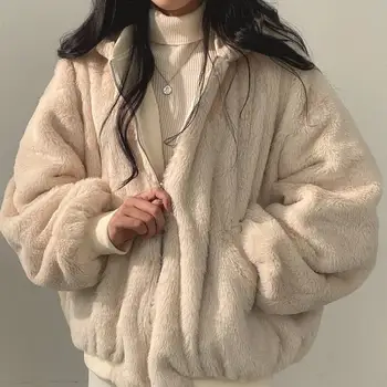Дамски якета от корейски руно, удебелена двустранен вълна яке, Зимно нова Свободна дамско яке с качулка