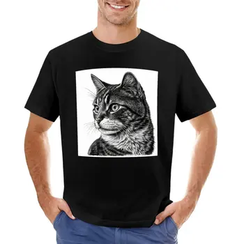 Монохромен плакат с черно-бяла снимка на котката, тениска, празни тениски, тениски оверсайз, мъжки дрехи