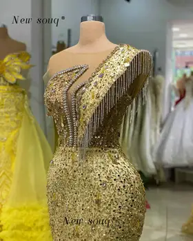 Блестящи златни Дълги вечерни рокли на Русалки със сребро, кристали и пискюли, арабски вечерни рокли за абитуриентски бал, за жени, за Сватба парти