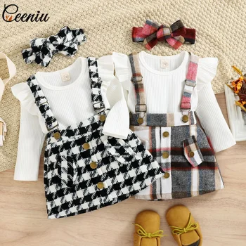 Ceeniu/ Зимни дрехи за малките момичета от 0 до 3 години, Комплекти с Пола, Бяло Боди с дълги ръкави и набори + Клетчатая Пола копчета, Бебешки Дрехи