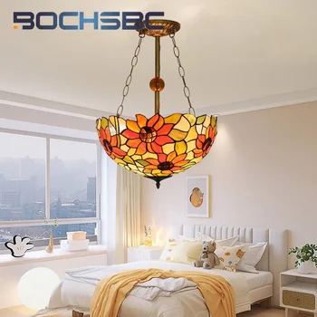 BOCHSBC Тифани цветно стъкло Слънчоглед ретро стил 16 инча полилей деко всекидневна с трапезария и спалня обърнат висящ лампа