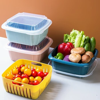 Кухненски Двупластова кошница за източване на 3 в 1, Кутия с капак, Мултифункционален Хладилник, Контейнер за съхранение Свеж, Органайзер за зеленчуци