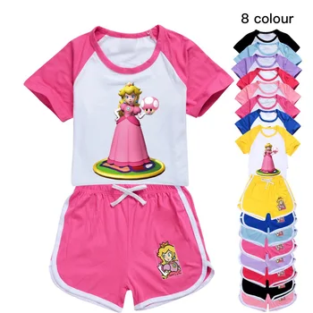 2023 Годишна Сладка Облекло Принцеса прасковен цвят на цвят, Детски Ежедневни спортно облекло, тениски с анимационни герои за малки момичета + къси Панталони, костюми от 2 теми, Комплекти дрехи за момчета