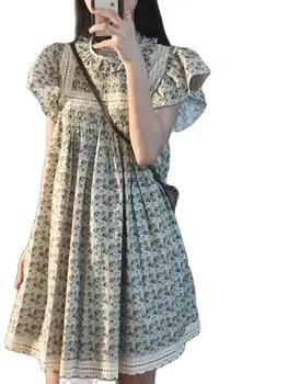 Лятна рокля във френски стил за бременни с летящими ръкав и кръгло деколте, дантелено мозайка рокля за бременни трапецовидна форма, дрехи за бременни