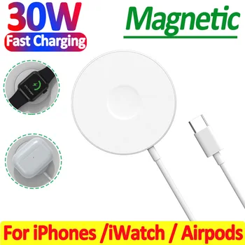 Магнитна поставка за безжично зарядно устройство с мощност 30 W, 3 в 1 за iPhone 14 13 12 Pro Max Airpods iWatch Бърза безжична зарядно устройство ще захранване на зарядно устройство