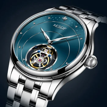 Мъжки часовник с виртуален скелет AESOP Flying Tourbillon, Кухи сапфир, Водоустойчив механични ръчни часовници е от неръждаема стомана, мъжки часовник
