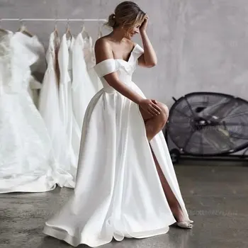 Robe De Mariee Vestido Boho Wedding Dress Satin Longue Robe De Soiree Simple Bride To Be рокля на принцеса рокля