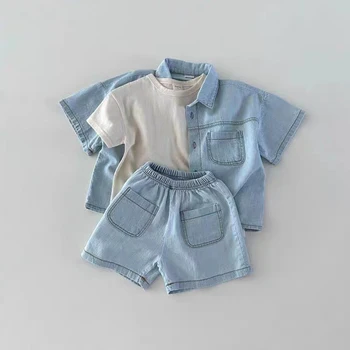 Летен Костюм за Малки момчета, Деним риза с къс ръкав + Шорти, 2 броя, Корейски Комплекти дрехи за малките момичета, Детски дрехи от 0 до 3 години