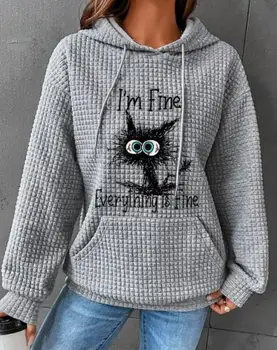 Жена пуловер с качулка и писмото принтом 2023, Дълъг ръкав, отстрочка джоба, Дамски блузи с вафли, Hoody, Всекидневни пуловер, топ