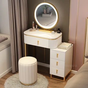 Лесен Луксозен тоалетка за грим с огледало, Скандинавски тоалетка със светъл огледало, Скринове за спалня, Скрин за спалня