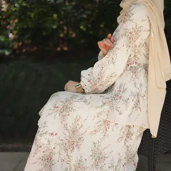 Лято 2023, Ново Шифоновое Дълга рокля с флорални принтом, Мюсюлманската рокля, Секси Елегантна Плиссированное Дубайское Рокля Абая Fahsion, Празнична Плажно облекло