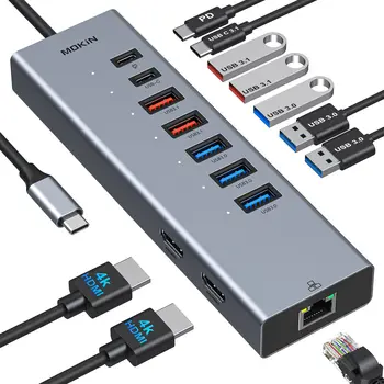 Докинг станция USB C с два монитора, Докинг станция за лаптоп 10 в 1, Хъб USB C, Двоен адаптер за HDMI, USB ключ с 2 HDMI, Ethernet