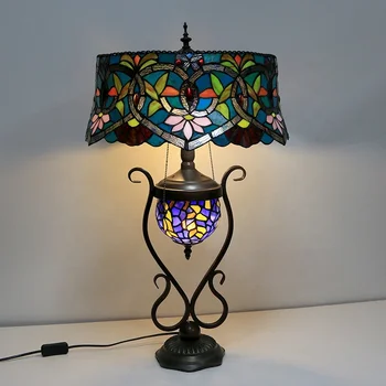Настолни лампи LongHuiJing в стил Тифани, 18-инчов Античен синя лампа от витражного стъкло, настолна лампа със стъклена основа с подсветка