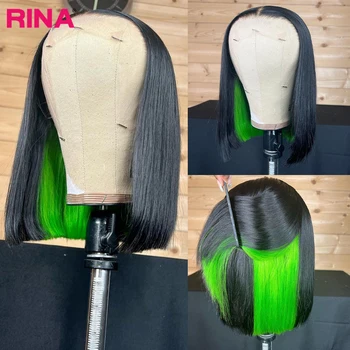 Директен перука Боб, черен със зелени, Кратък перука от човешка коса на дантели Боб За черни жени, директни бразилски косата плътност на 180%