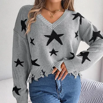Жена вязаный случайни свободен пуловер с дълги ръкави и принтом в формата на звезда, пуловер, топ