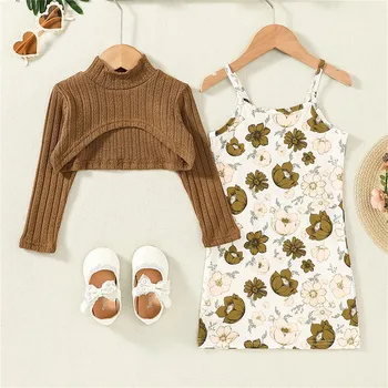 Модерен Бебешки комплекти дрехи за момичета 1, 2, 3, 4, 5, 6 години, Съкратен пуловер с дълги ръкави и рокли-лента с флорални принтом за момичета