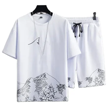 Мъжки t-shirt и кратък комплект Летни блузи с къси ръкави и панталони, костюми, Дишаща Ежедневни тениска, модерен комплект за бягане
