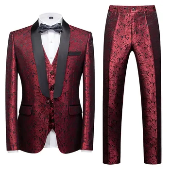 2023 Нов Мъжки комплект от 3 теми, Темпераментна Бизнес Брючный костюми от Бутик с флорални принтом (блейзър + Жилетка + Панталон, Мъжки Модни Сватбени комплекти