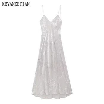 Ново лятно дамско бельо с метална текстура KEYANKETIAN, Женствена рокля-комбинация, Луксозно ретро Дебнещ рокля без ръкави, с дължина до щиколоток