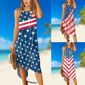 Подвесное рокля, Ден на Независимостта, Американският Флаг, Женствена рокля-прашка, Лятна рокля с принтом, Елегантен Модерен рокля за плаж, почивка