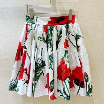 2023 дамски висококачествено ранно пролетно нова пола с цветя модел, бяла с червена пола с принтом