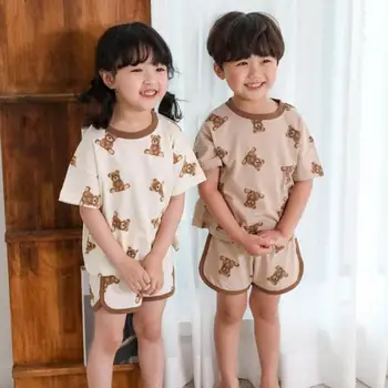 2023 Годишният Нов Комплект Дрехи за малките момичета с хубав модел мечка, Блузи с къси ръкави и къси панталони с изображение на Мечка За момчета 12 м-5 години