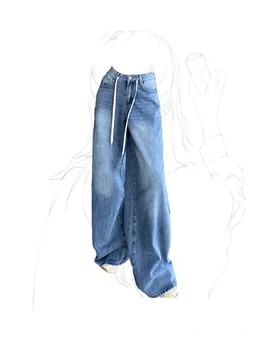 Дамски Сини Дънки с широки штанинами Harajuku, Дънкови панталони 2000-те години, Реколта дънкови прави панталони Оверсайз с висока талия, Градинска облекло Y2k