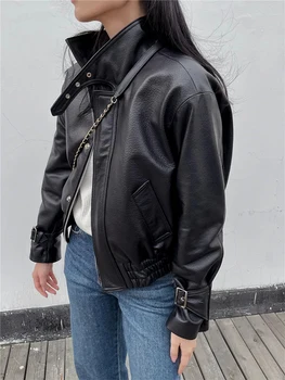 Дамски якета-бомберы от естествена кожа, тенденция градинска облекло 2023 г., черна укороченная мотоциклетът кожено яке от естествена овча кожа
