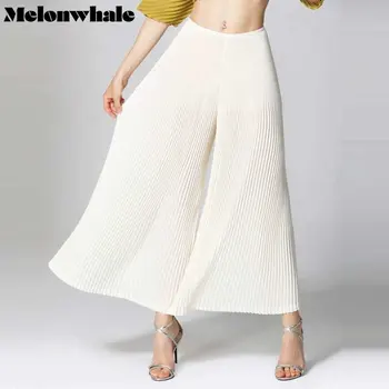 MelonWhale Miyake / обикновена широки плисирани панталони за жени, разтеглив свободни панталони Wasit 2023, летни нови модни женски прави панталони