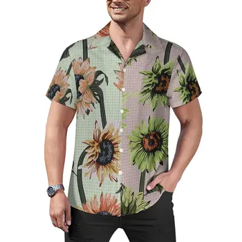 Двуцветен Ежедневни ризи с Подсолнухом, Плажна риза с абстрактно Слънчогледи, Хавайски блузи Y2K, мъжки модел, Голям Размер