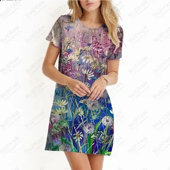 Облекло с 3D принтом, женска тениска с кръгло деколте и къс ръкав, пуловер, къса пола, свободна ежедневна пола трапецовидна форма с голям размер, пигментоза на цвете