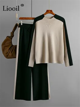 Цветен блок, Комплект трикотажни пуловери от две части, Женски Свободни Плетени блузи и панталони, прави панталони, комплекти, дрехи в стил мозайка с висока талия